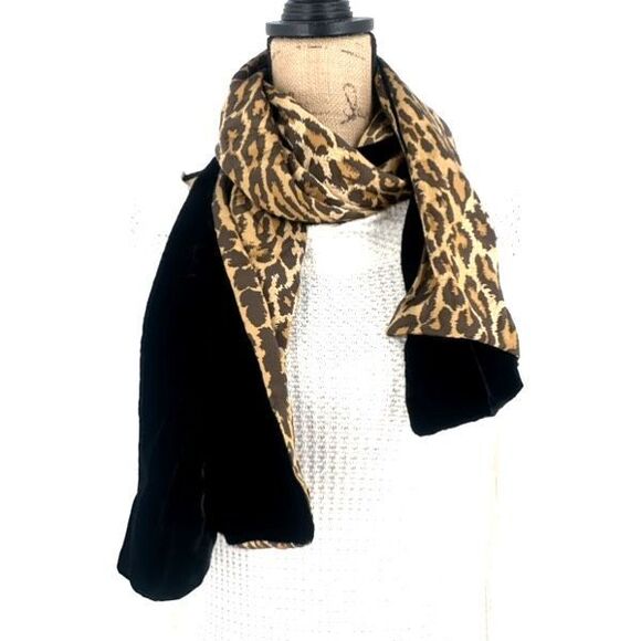 Nick & Nora Silk Leopard Print Scarf‎ Black Luxurious Velvet Romantic Designer - Picture 2 of 9